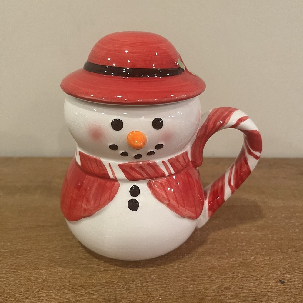 VTG 2004 Williams Sonoma Holiday Snowman Mug Lid 5.25" Hand Painted Christmas